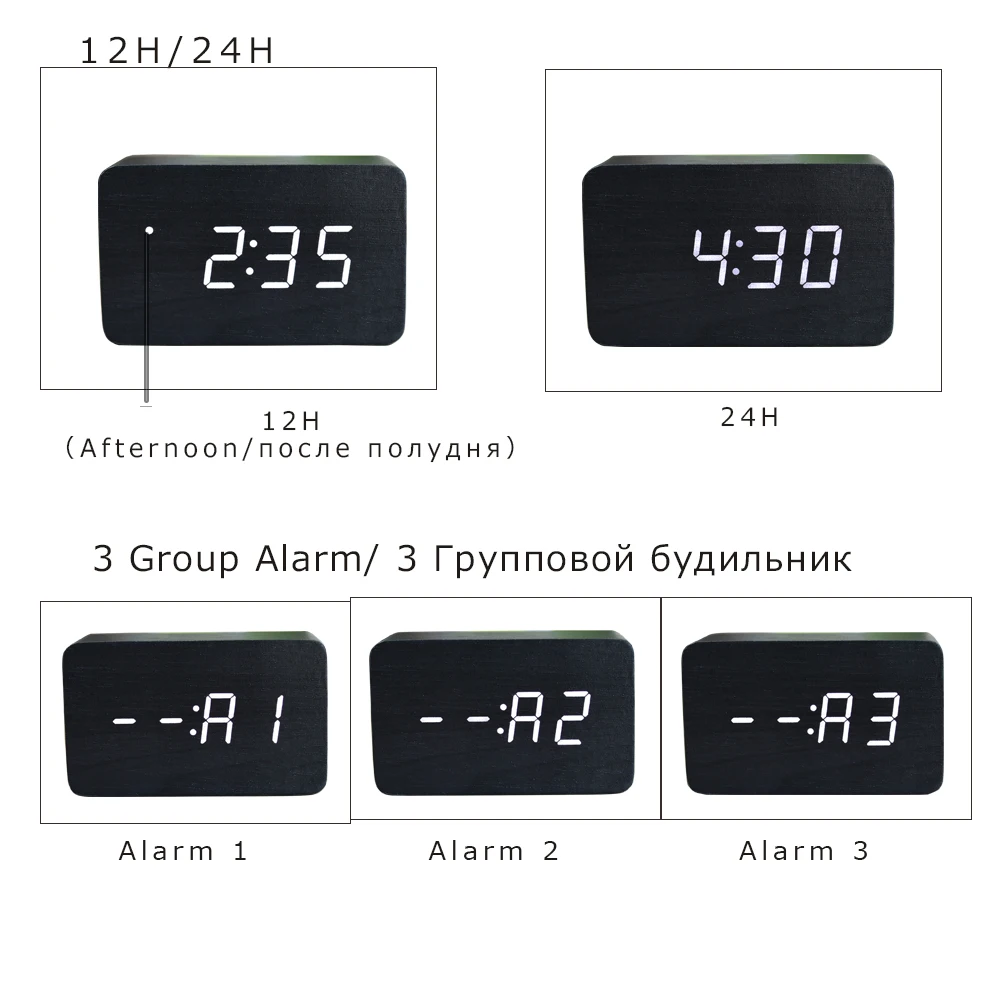 Suncree бамбук зеленый термометр светодиодный цифровые часы, управление звуками деревянные будильники, настольные часы Прямая поставка