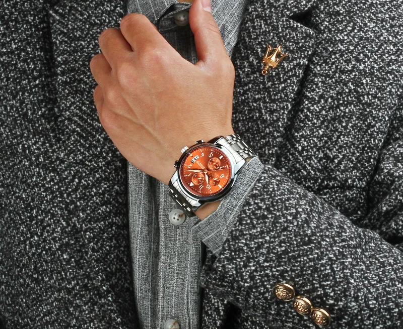 Мужские наручные кварцевые часы с хронографом из нержавеющей стали