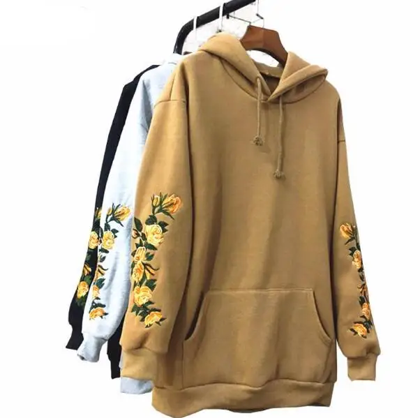 new long section of winter hoodies flower embroidered sleeves Sweatshirts women | Женская одежда