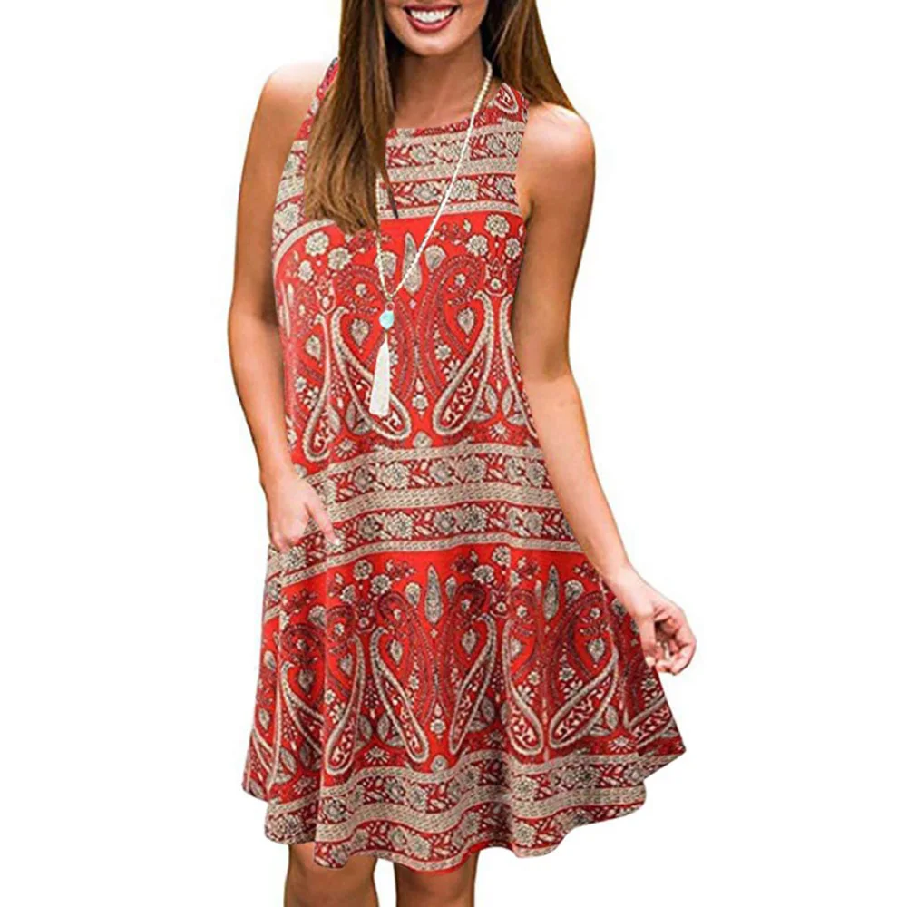 2019 летнее женское платье с принтом сексуальное круглым вырезом без рукавов
