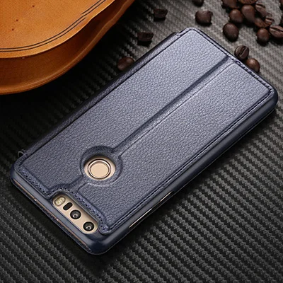 Для Huawei Honor 8, Роскошный чехол из искусственной кожи, умный флип-чехол с подставкой, чехлы для Huawei Honor 8, задняя крышка и окошко обзора, чехлы - Цвет: Blue