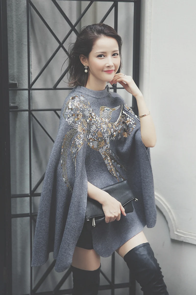 Женское пончо-пуловер осенне-зимнее толстое пальто-свитер с блестками Осень-зима