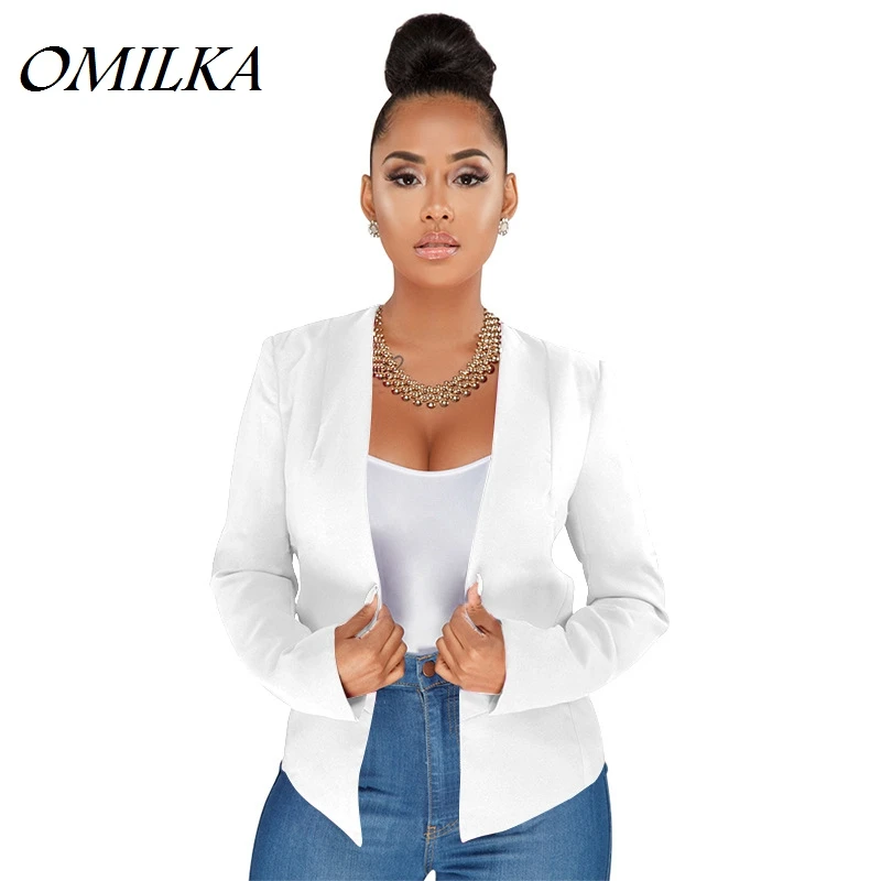 Женский короткий пиджак-бомбер OMILKA, белый, черный, розовый пиджак с длинным рукавом для работы в офисе, лето-осень 2018