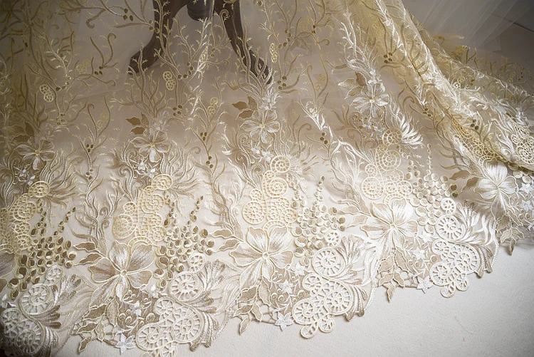 Роскошная золотая гипюровая кружевная ткань с вышивкой цветы для невесты узором
