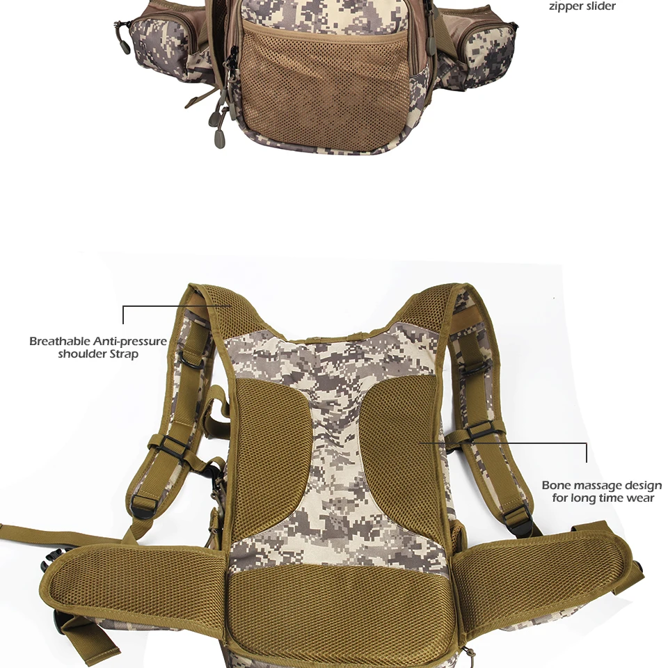 

Camo Fishing Back Pack Adjustable Size Fly Fishing Backpack Camo Fly Fishing Vest Multi Pocket Sports Outdoor Pack Bag