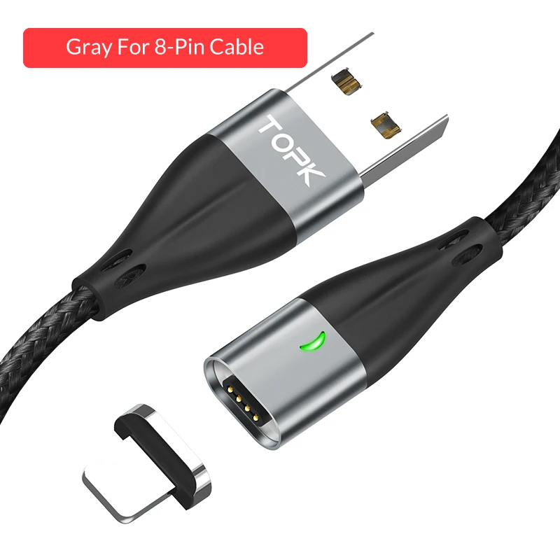 8-Pin Grey TOPK 1 м 2 м USB Магнитный кабель usb type C и mi cro USB кабель Быстрая зарядка кабель usbc для iPhone samsung Xiao mi redmi note 7 mi a2 - Цвет: 8-Pin Grey