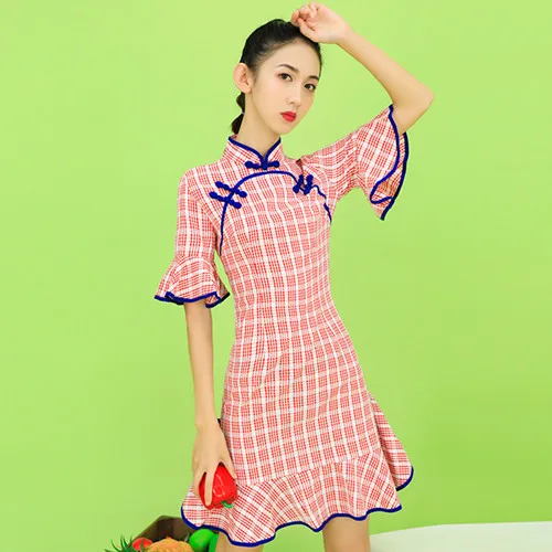 Photo Color SWEETXUE китайское платье со стоячим воротником с расклешенными рукавами Элегантное летнее женское винтажное клетчатое платье в клетку, улучшенный чёнсам - Цвет: Photo Color