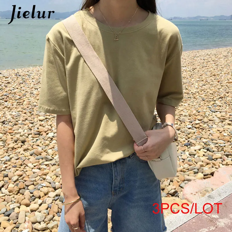 Цвет: желтый Jielur 3 шт./лот футболки Женский 15 цветов основные Повседневное с О-образным вырезом Женская Футболка harajuku летний топ короткий рукав белая футболка S-XL - Цвет: Цвет: желтый
