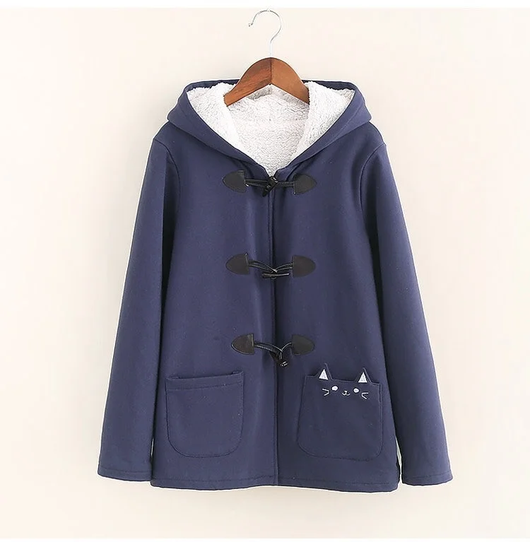 dark blue Осень-зима Для женщин розовый Kawaii куртка в японском стиле из плотного хлопка с длинным рукавом с капюшоном Повседневное милые девушки школьное пальто - Цвет: dark blue