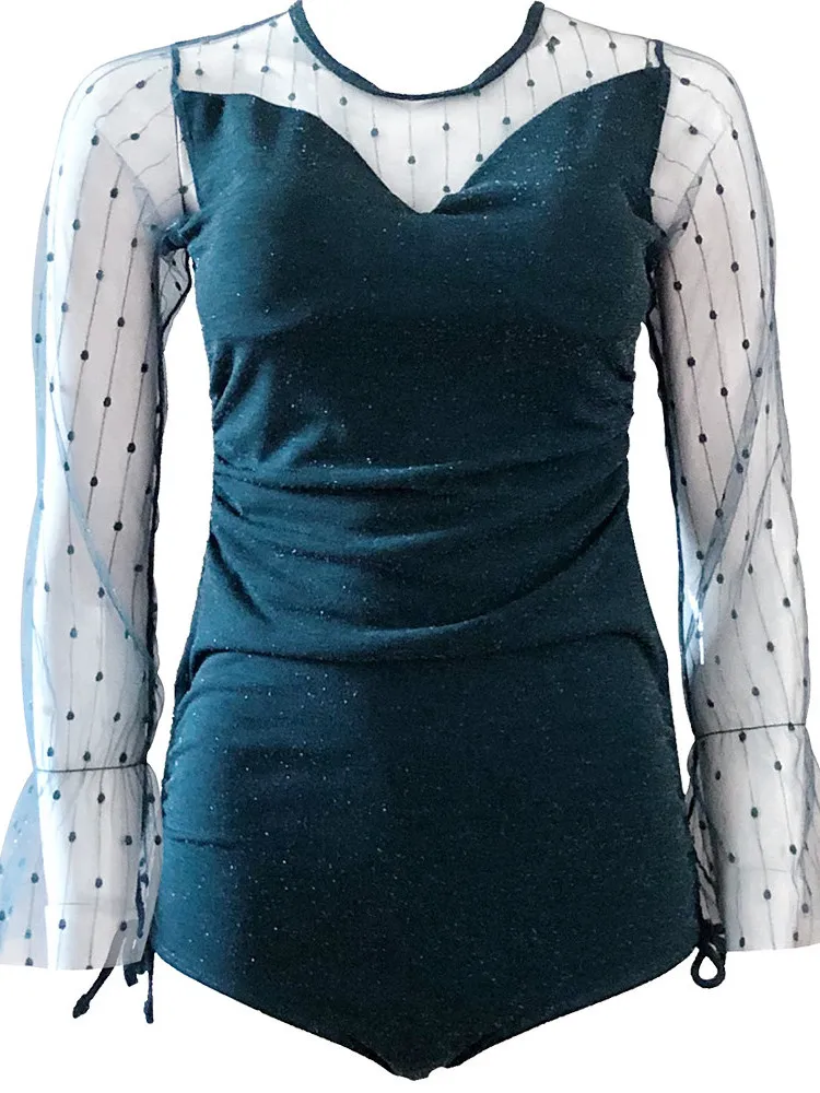 

2019 New Korean Women One Piece Swimwear Sexy Hollow Front Twist Cross Strap Back Mesh Long Sleeves Triangle Bathing Suit