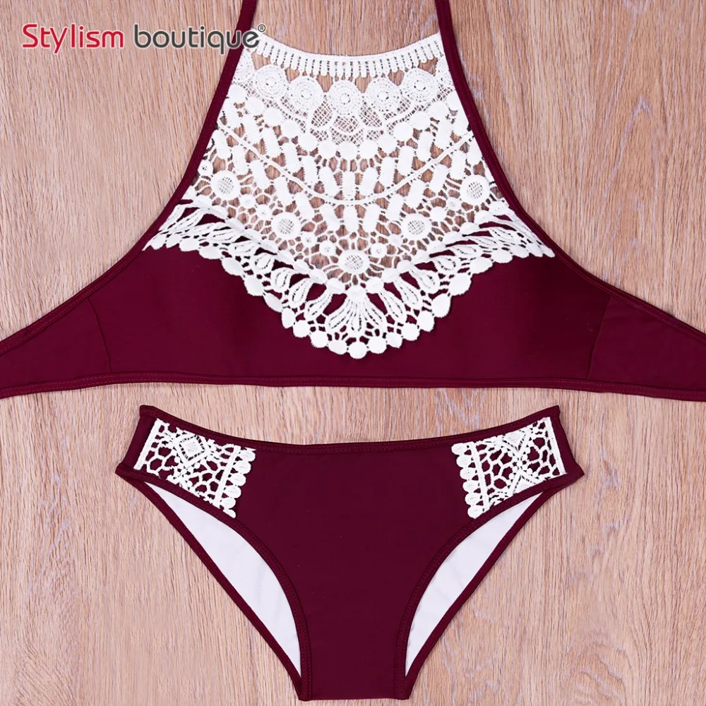 Бикини с высокой горловиной кружевной купальник вырезами вязанный крючком