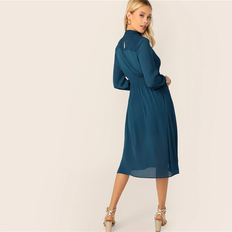 SHEIN Стильное Платье Со Стоячим Воротником Женское Синее Классическое Платье С Длинными Рукавами