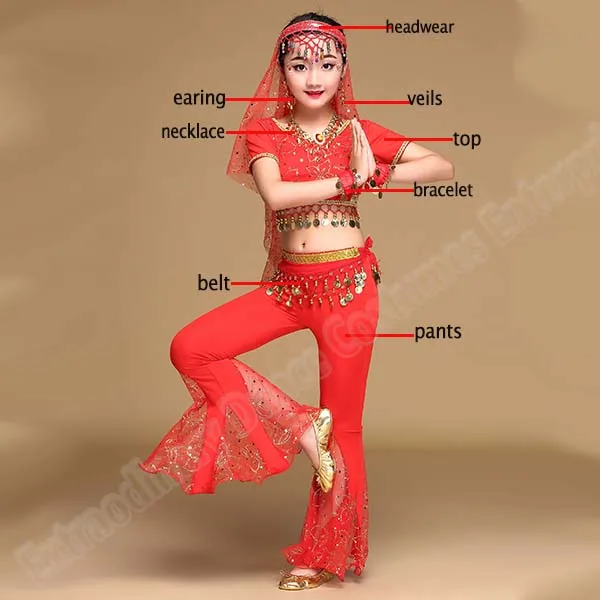 Red-8pcs Девушки Болливуд танцевальные костюмы танец живота индийский набор сари шифон наряд представление на Хэллоуин Топ Пояс брюки Вуаль головной убор - Цвет: Red-8pcs