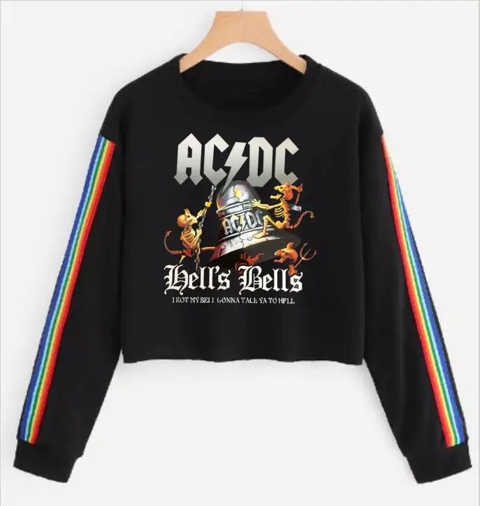 Fashion temperament women's ACDC round neck long-sleeved T-shirt clock short rainbow stripes streetwear | Женская одежда