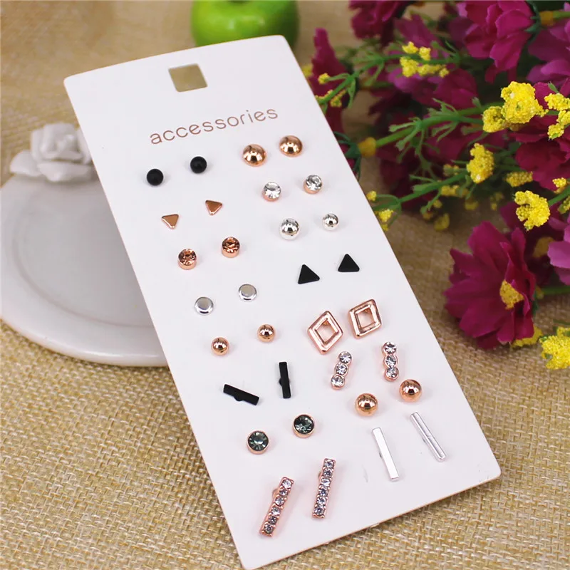 XQ Korean style stud earrings set 16 pairs / card black plated rose gold color triangle geometry combination woman accessories | Украшения