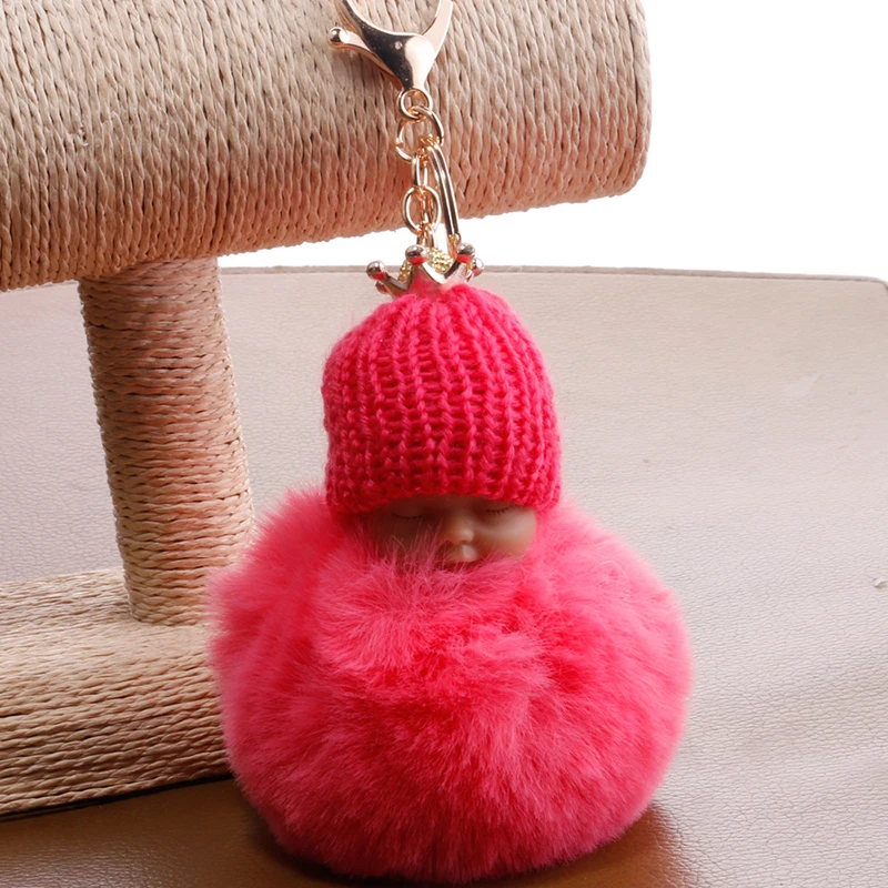 Sleeping Baby Doll Keychain Faux Fur Ball Car Keyring Crown Toy Key Holder Bag Pendant Charm Good Detail Accessories 6C0835 | Украшения и