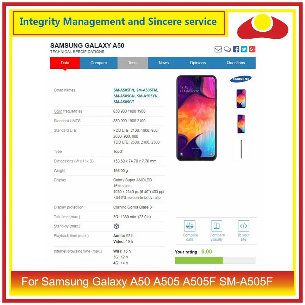 10 шт./лот для Samsung Galaxy A50 A505 A505F SM корпус батарейный отсек Задняя стеклянная крышка