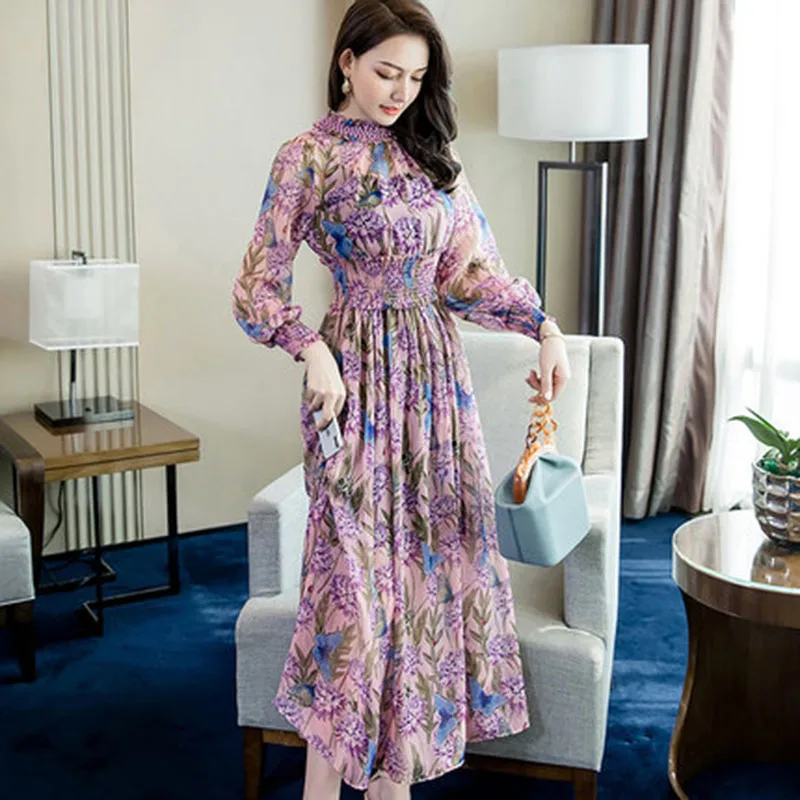 Летняя с цветочным принтом платья для женщин плюс размер тонкая талия Длинные