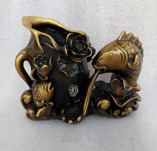 

Китайская коллекция, архаизированный латунный горшок для ручек с двумя рыбками лотоса