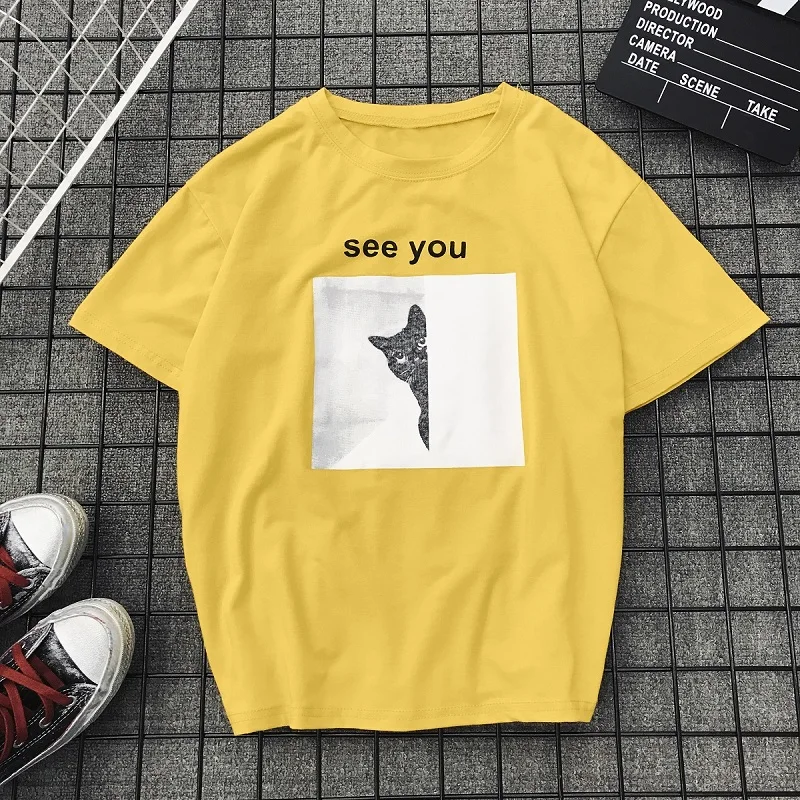 Cute Cat Letter Cartoon Print Funny T Shirts Women 2018 O-neck Short Sleeve Casual Summer Tops Femme Streetwear | Женская одежда