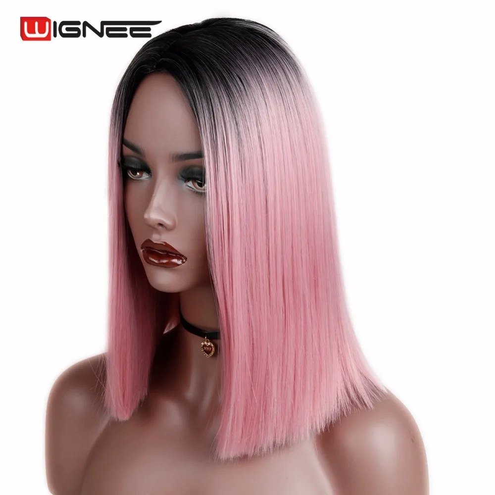 Wignee 2 тона Ombre розовые короткие прямые волосы синтетические парики для черных женщин высокая плотность натуральные волосы мягкие модные парик