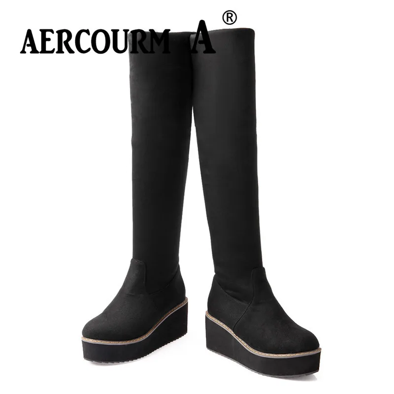 Aercourm A/женские осенние сапоги выше колена женские сапоги из флока на платформе зимние сапоги ручной работы без застежки обувь винно-красного, черного, синего цвета
