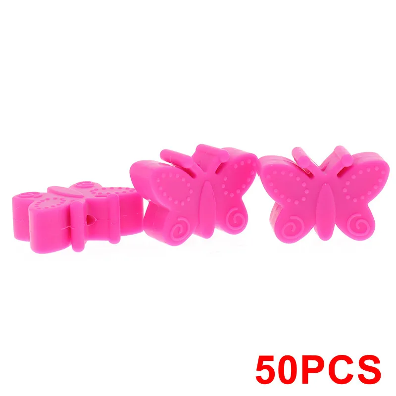 Butterfly Violet Red 50 шт., силиконовый Прорезыватель для зубов в форме единорога, бусины в виде животных, BPA бесплатно, для прорезывания зубов, ожерелье, держатель для сенсорной соски, игрушка для душа, грызуны пищевого класса - Цвет: Butterfly Violet Red