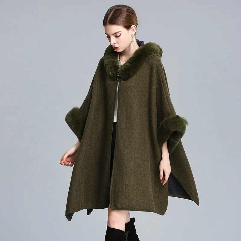 dark green Роскошная Новая накидка в западном стиле из кроличьего меха с капюшоном, плащ, пальто, пончо, шаль из пашмины, женское осенне-зимнее свободное меховое пальто - Цвет: dark green