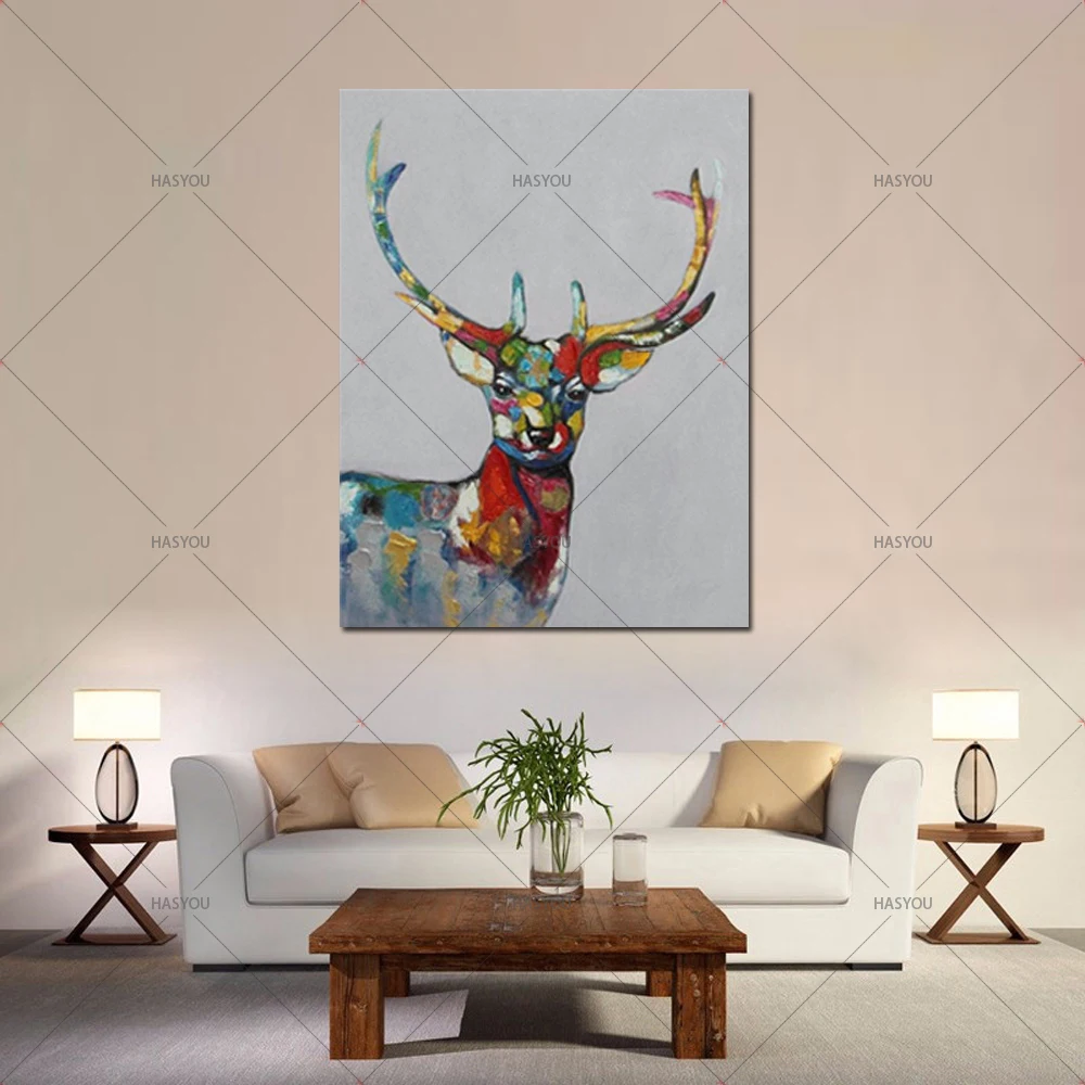 Красочные картины с длинными рогами оленя живопись вручную холст мультяшный