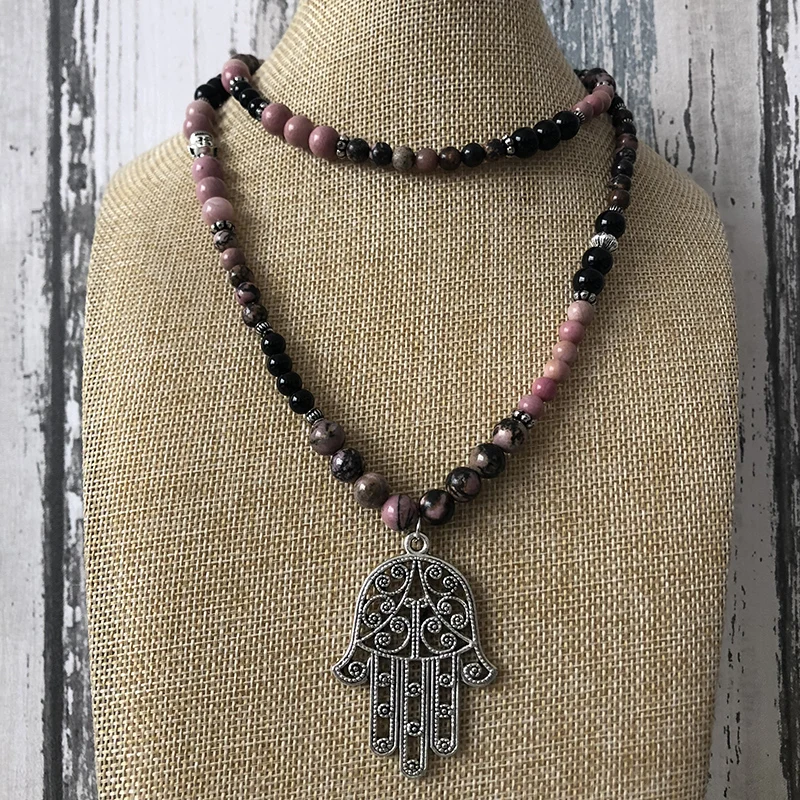 

Mala Chain 108 бусы, ожерелье Будды Хамса, оникс, родонит, Йога, запястье, энергетическое исцеление, камни для медитации, браслет или ожерелье