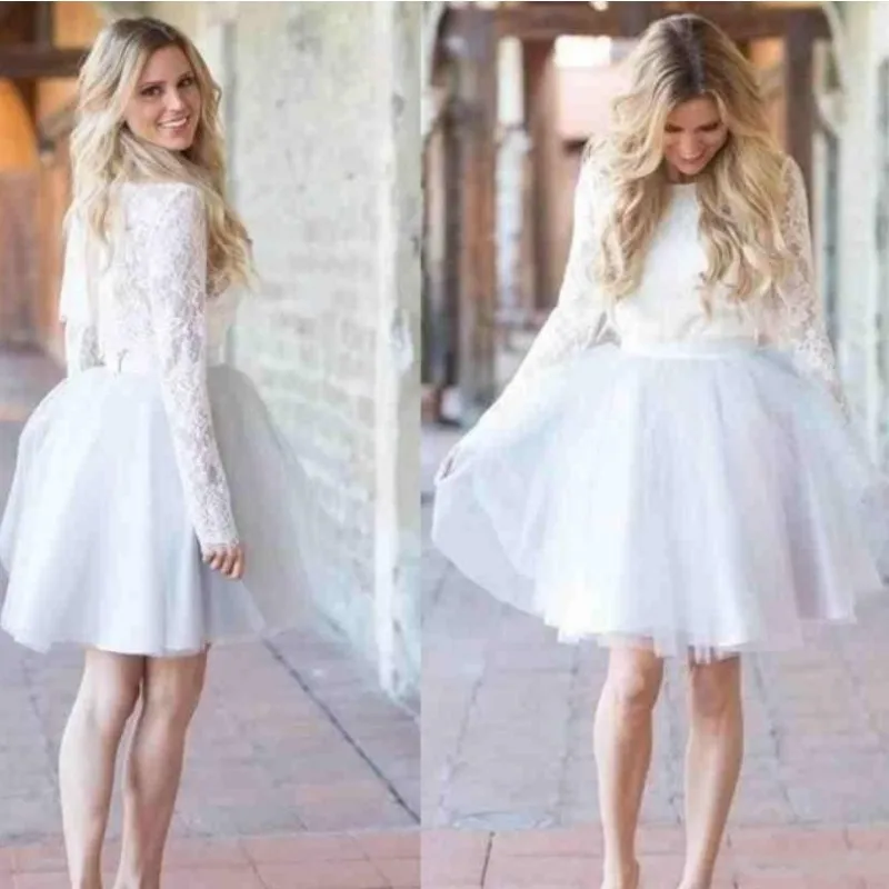 

Modest Short Cocktail Dresses 2019 Jewel Short Tulle Lace Long Sleeve Celebrity Dresses Party Prom Wear