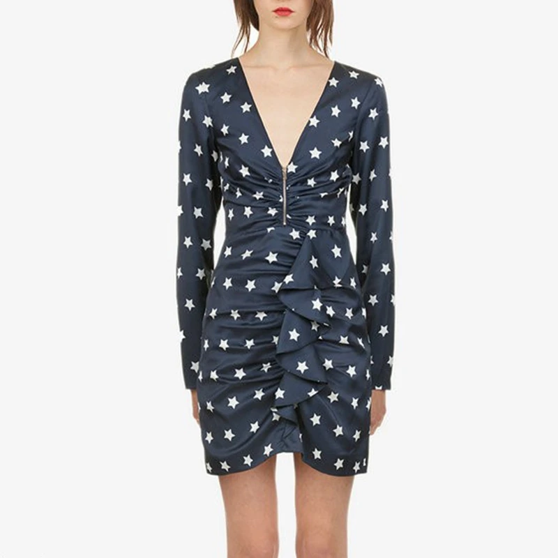 

Office Women Bodycon Dress Sexy V Neck Frounce Dress Stars Printed Short Dresses