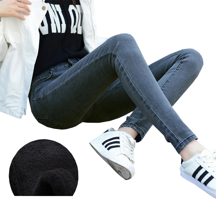 Новые зимние модные женские повседневные флисовые Теплые джинсы узкие с высокой