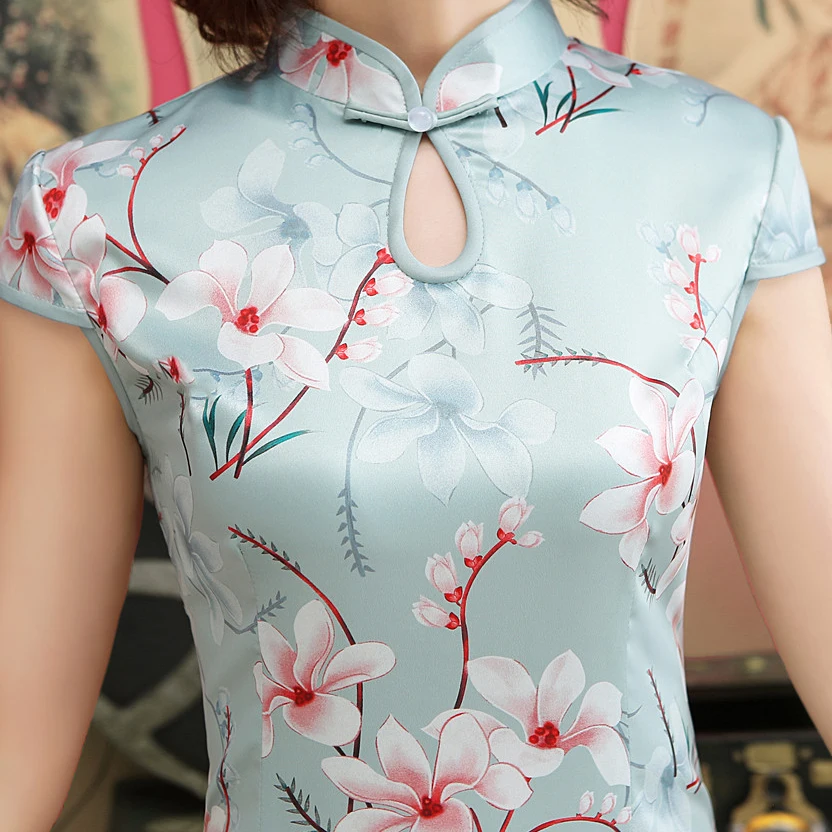 Китайский воротник Qipao светло-голубое женское китайское платье сексуальное винтажное платье Чонсам плюс размер 3XL с цветочным принтом Vestidos