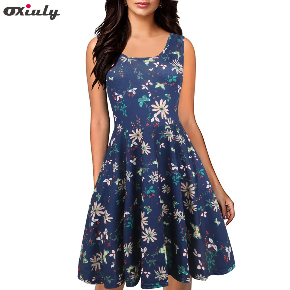 Oxiuly женское винтажное платье 50 s рокабилли Цветочные качели без рукавов