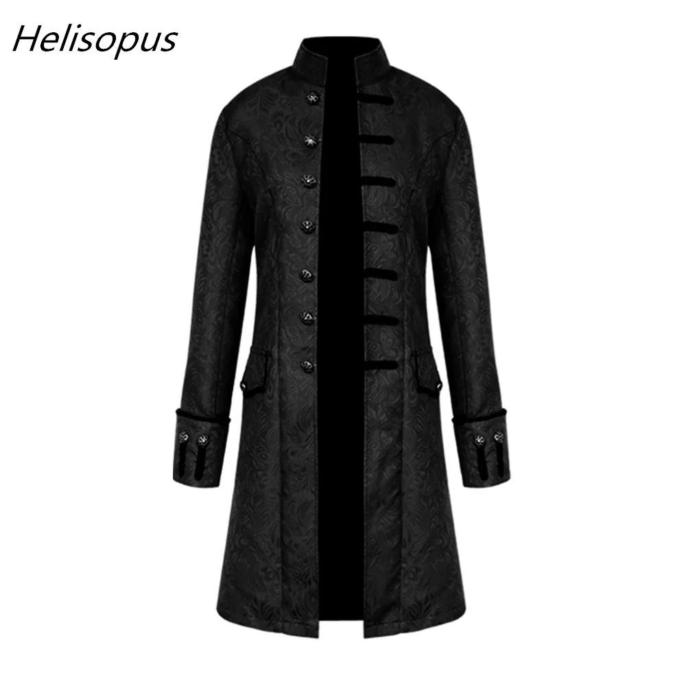 Мужская куртка Helisopus, Готическая парчовая куртка, пальто с длинным рукавом, стоячий воротник, стимпанк куртка, Мужская винтажная тонкая куртка