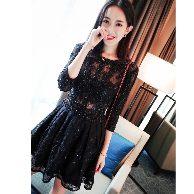 Платье с ручной строчкой и жемчугом кружевное платье 7 рукавами на талии вечернее