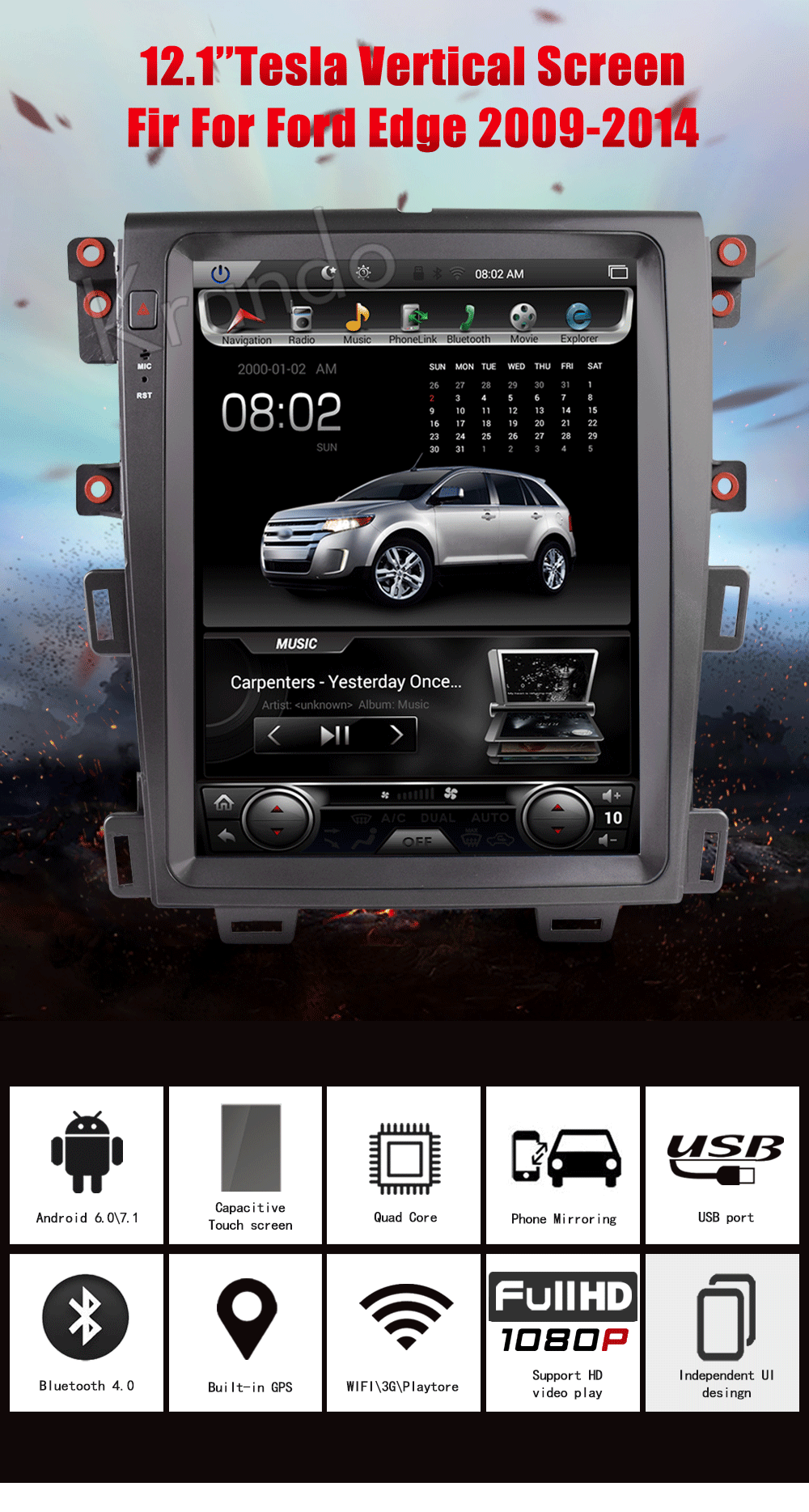 Krando Автомагнитола gps android 8,1 12," для FORD EDGE 2009- Tesla вертикальный экран навигационная мультимедийная система A/C bluetooth