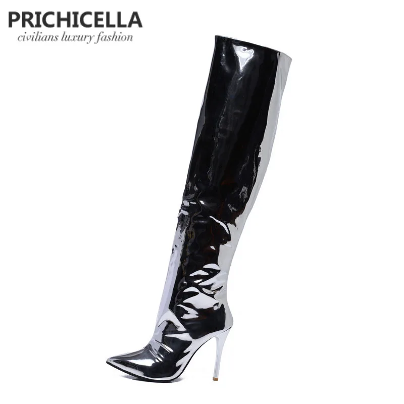 PRICHICELLA/стильные женские Серебристые зеркальные Кожаные ботфорты с острым носком на высоком каблуке; блестящие пикантные высокие ботиночки