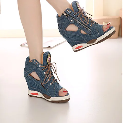 Denim Canvas Gladiator Women's Sandals 2019 Side Zip Peep Toe Summer Fashion High Heel Wedges Female Shoes Ankle Zapatos Mujer | Обувь