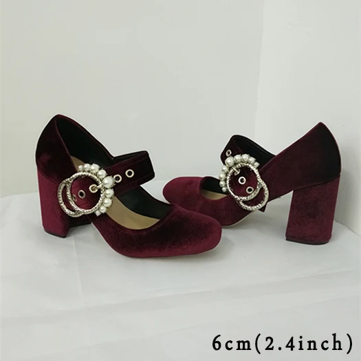 Wine Red Heel 6cm Г. Модные черные туфли-лодочки персиковые замшевые туфли мэри джейн на высоком каблуке с квадратным носком и жемчугом женская обувь, размер 4, 34, 3 дюйма, со стразами - Цвет: Wine Red Heel 6cm