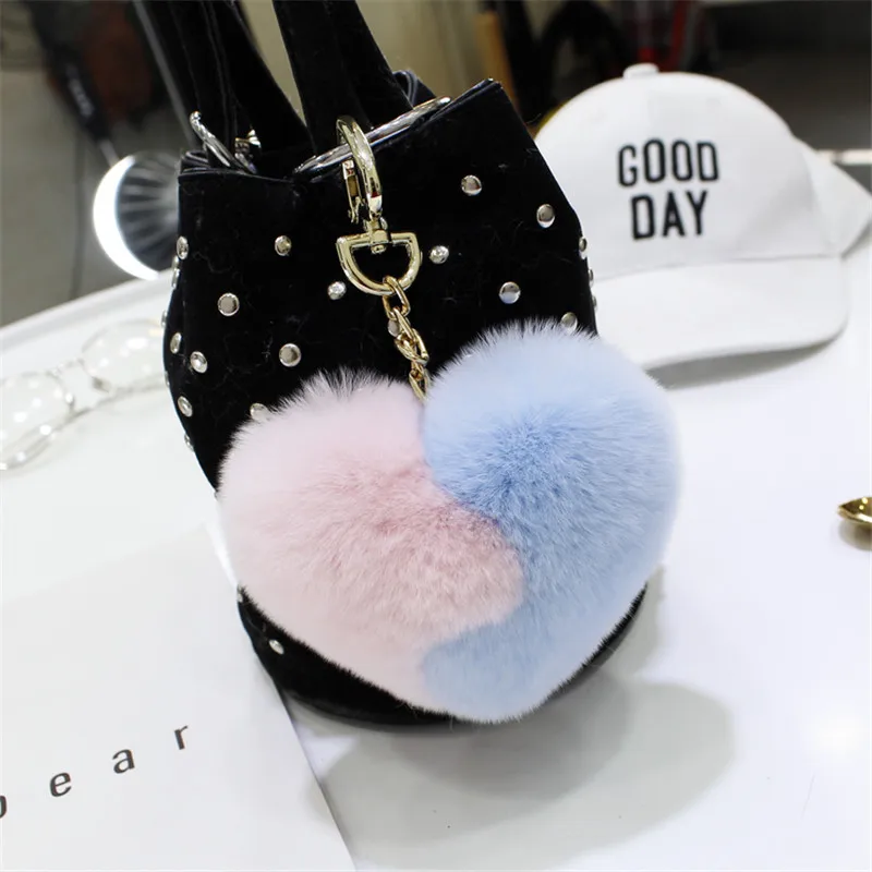 Women's Fashion Cute Fluffy Heart Keychains Pom Poms Rex Rabbit Fur Key Chains Girl Bag Hang Car Ring Jewelry Accessories | Украшения и