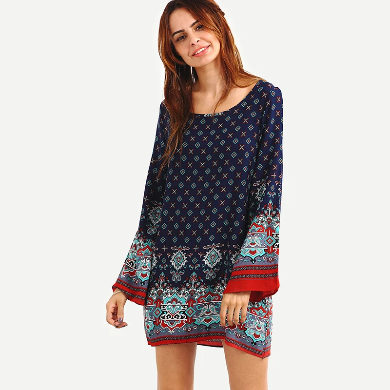 Vintage Ethnic Slim Loose Baroque Women's Dress Round Neck Printed Party Elegant Vestidos Verano Plus Size XXL XXXL W1054 | Женская