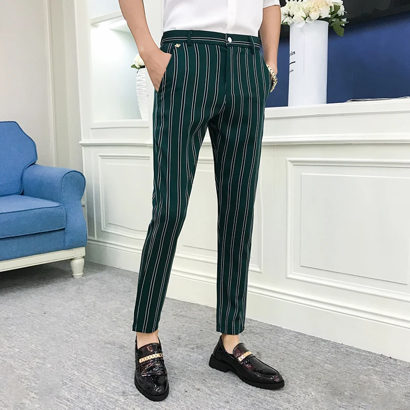 Autumn Stripe Men Dress Pants Black Green Mens Pants Fashions Streetwear Men Skinny Fit Men Trousers Pantalones Hombre