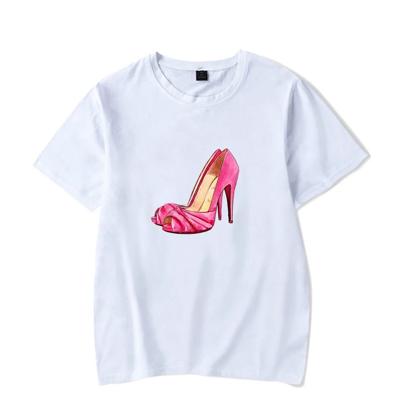 Vogue Summer T-shirt Women Pink Flower High Heel T Shirt 100% Cotton White Tops Casual Tees Girl Luxury Harajuku | Женская одежда