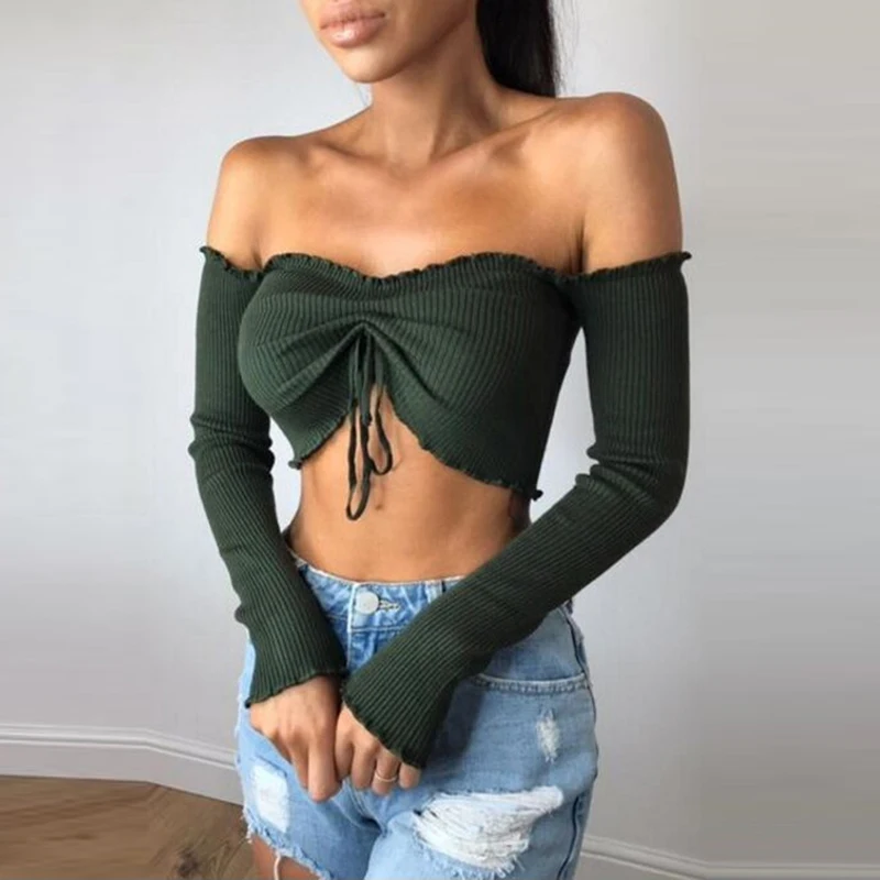 Women Blouse Female Casual Long Sleeve T blouse Solid Sexy Tops Tees For Lady And Girls Slash Neck Lace-Up Spring |