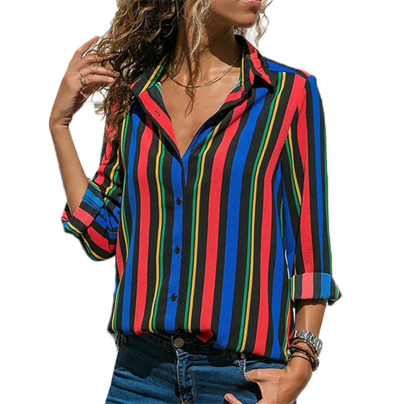 2019 Spring Fashion Striped Print Turn-Down Chiffon Women Blouses Casual Long Sleeve Beach Ladies Tops Vintage Office Shirts 3XL