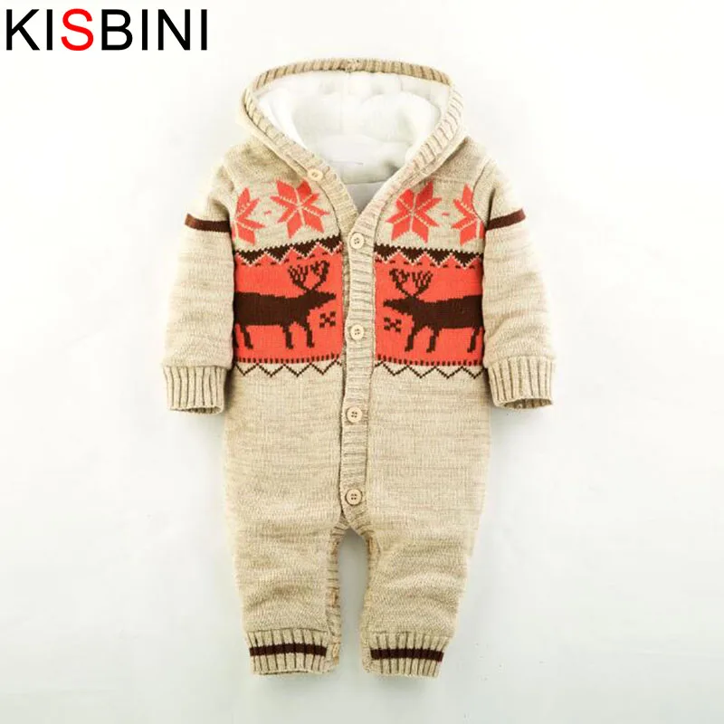 Kisbini маленьких Комбинезоны для малышек зима толстые восхождение одежды новорожденного Обувь для мальчиков Обувь для девочек теплый комбинезон вязаный свитер Рождество олень верхняя одежда с капюшоном