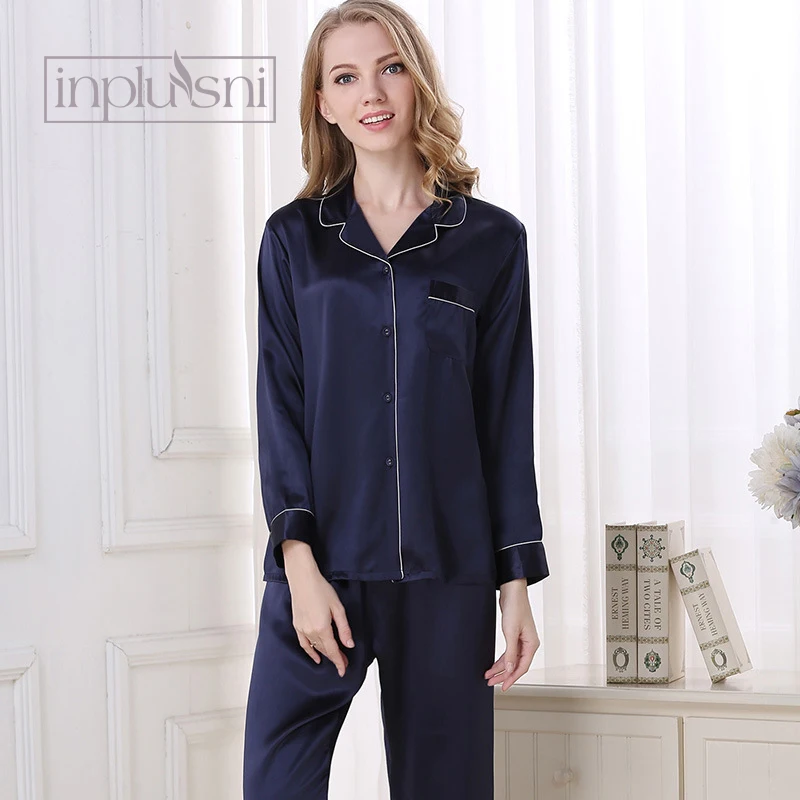 Navy blue Inplusni женский Шелковый пижамный комплект Шелковая пижама летняя пижама из двух предметов костюм для отдыха с длинными рукавами ночная одежда женская пижама - Цвет: Navy blue