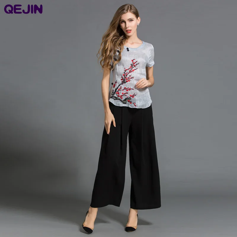 

QEJIN High Quality Two Piece Set Summer Silk Linen T-shirt & Pants for Female Suits Plus Size Embroidery Tops S Long XXL